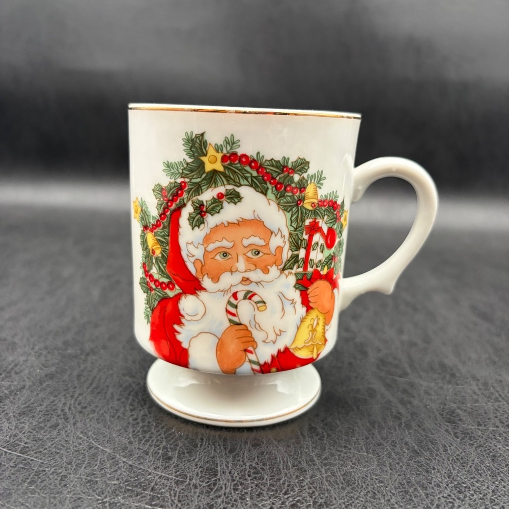 Lefton China Vintage Hand Painted Santa Claus Christmas Pedestal Mug 02994 Gold